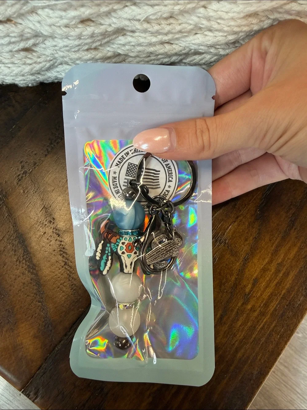 Beaded Bull Skull Keychain Phone Charm - Blue & White